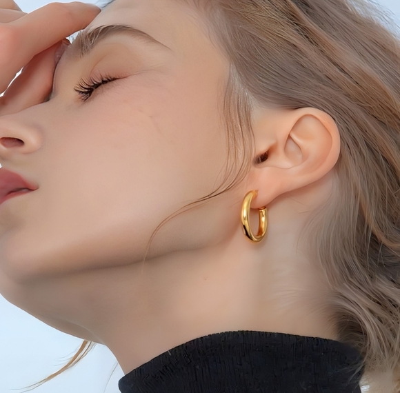 🆕 18K Gold Plated Stainless Steel Chunky Hoop Earrings 1.15" Bold Statement - Picture 4 of 10